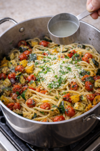 Roasted vegetable pasta finished with Parmesan cheese, herbs, and pasta water for extra flavor