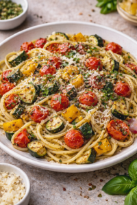 Roasted vegetable pasta served warm with Parmesan cheese, fresh herbs, and red pepper flakes