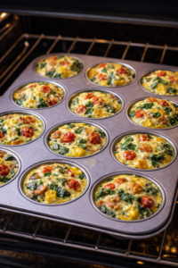 Savory breakfast muffins baking in the oven until lightly golden and set