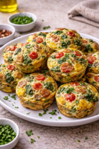 Golden savory breakfast muffins served warm on a plate with fresh herbs