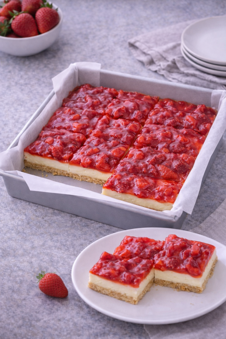 Strawberry cheesecake bars topped with homemade strawberry sauce and sliced into squares.