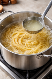 Pasta cooking in salted water in a large pot, with starchy pasta water being reserved for creamy spinach mushroom pasta