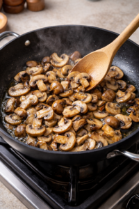 Golden sautéed mushrooms cooking in olive oil in a skillet on the stove for creamy mushroom pasta