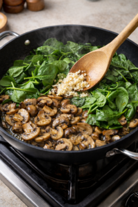 Fresh spinach and garlic added to sautéed mushrooms in a skillet, beginning to wilt