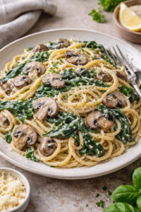 Creamy spinach mushroom pasta served on a plate with Parmesan cheese and fresh herbs