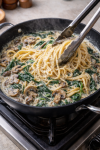 Cooked pasta tossed with creamy mushroom spinach sauce and Parmesan cheese in a skillet