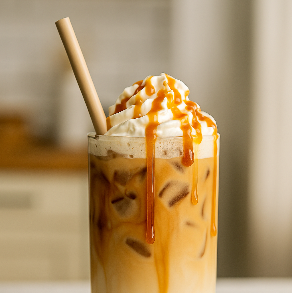 Iced caramel latte topped with whipped cream and caramel drizzle served in a tall glass.