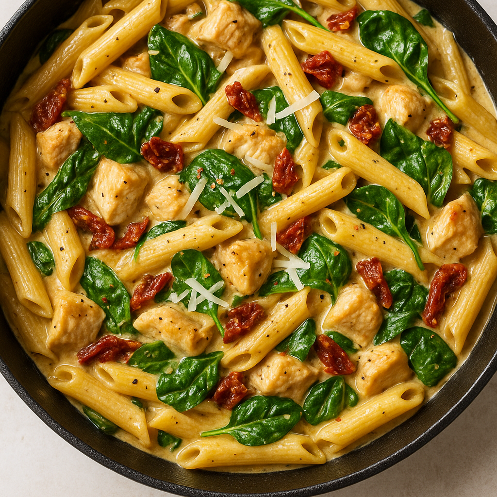 One-Pot Creamy Tuscan Chicken Pasta served in a skillet with spinach, Parmesan, chicken, and sun-dried tomatoes in creamy sauce.