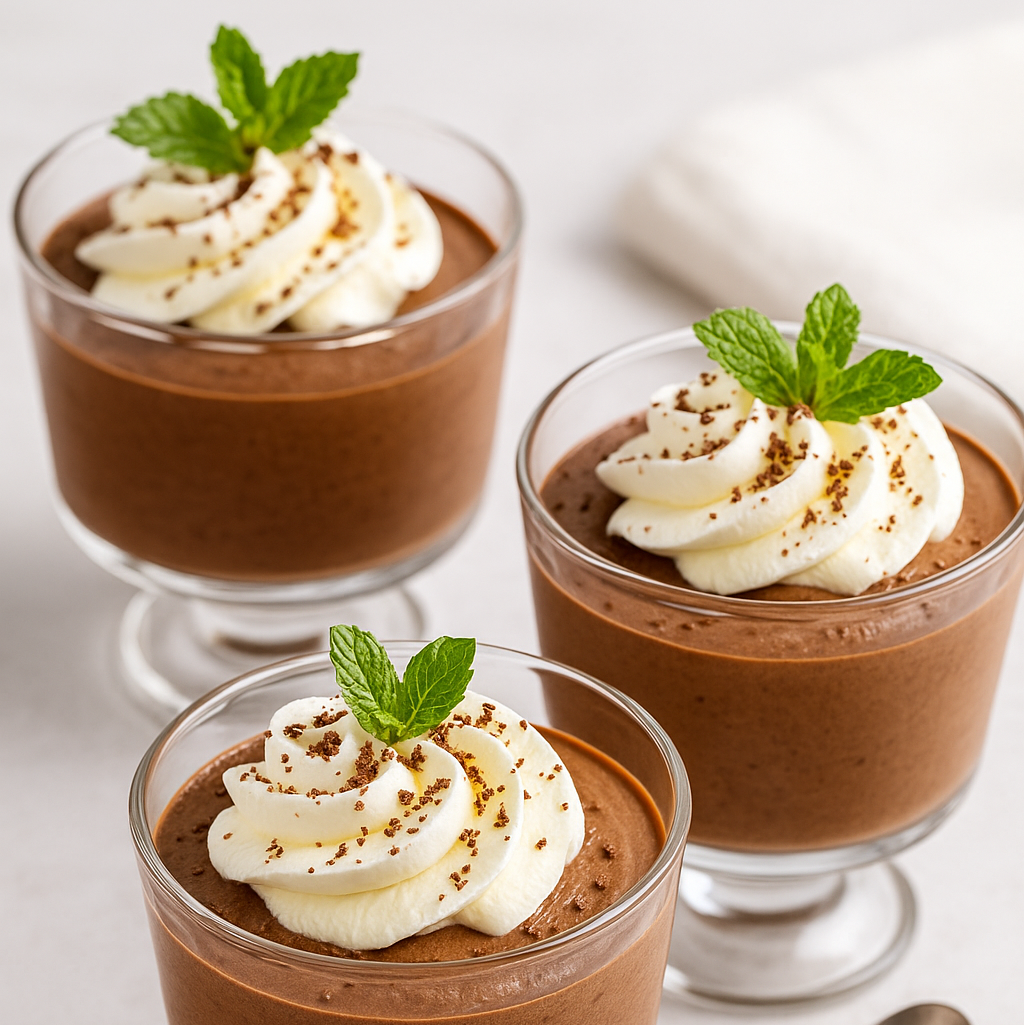 Chocolate Mousse final dish – airy chocolate mousse served in glass cups with whipped cream, chocolate shavings, and mint leaves.