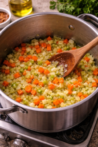Onion, carrots, and celery sautéing in olive oil in a large pot for Tuscan white bean soup