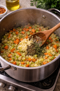 Garlic, oregano, and thyme added to softened vegetables in a pot