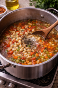 White beans, diced tomatoes, and vegetable broth added to the pot to build Tuscan white bean soup