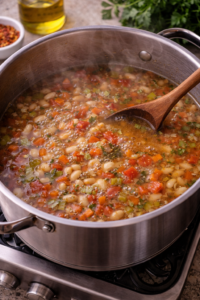 Tuscan white bean soup simmering in a large pot until the flavors blend