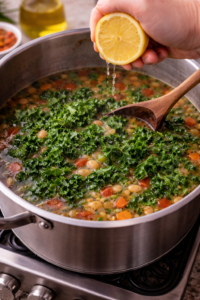Kale added to Tuscan white bean soup with fresh lemon juice in the pot