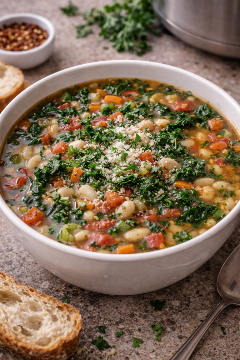 Tuscan white bean soup served warm with parsley and Parmesan in a bowl