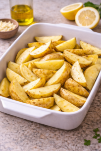 Potato wedges arranged in a large baking dish ready for Greek lemon chicken