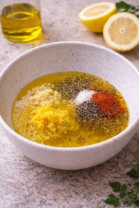Olive oil, lemon juice, garlic, and Mediterranean spices mixed in a bowl for chicken marinade