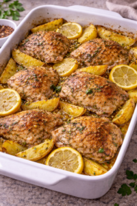 Greek lemon chicken and potatoes roasting in the oven until golden and tender