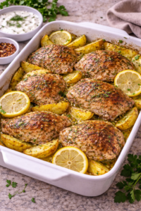 Roasted lemon chicken and potatoes garnished with parsley and lemon slices