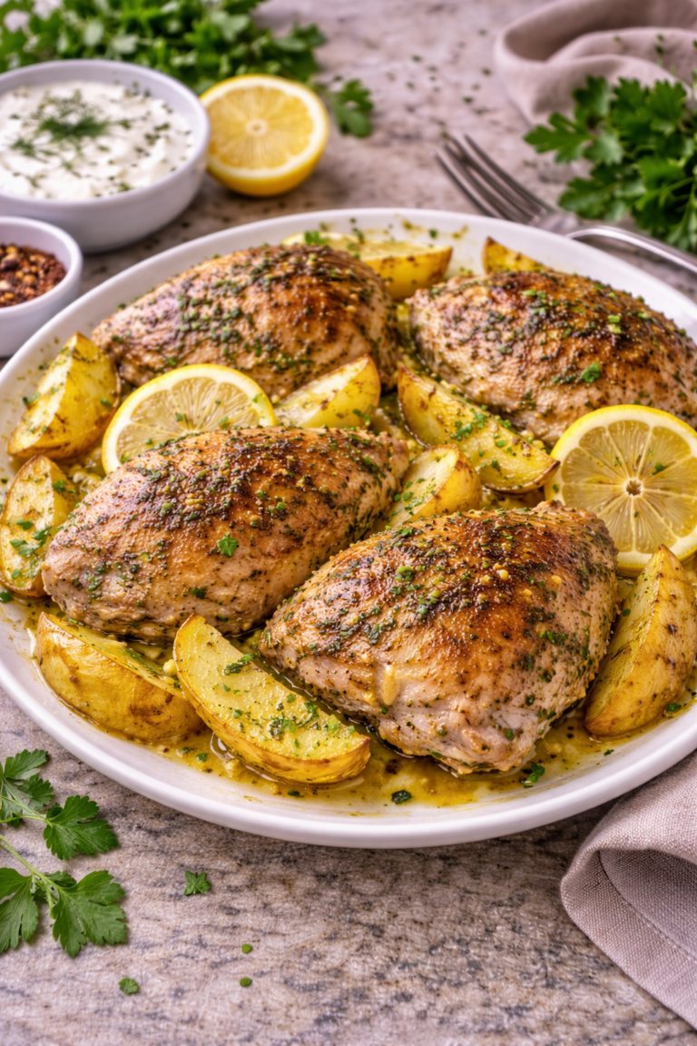 Greek lemon chicken and potatoes served on a plate with fresh herbs and lemon