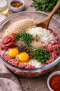 Ground beef, breadcrumbs, onion, eggs, ketchup, and seasonings mixed in a large bowl for classic meatloaf