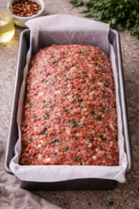 Raw meatloaf mixture shaped into a loaf in a lined loaf pan