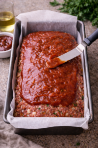 Ketchup glaze spread over uncooked classic meatloaf before baking
