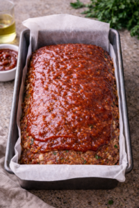 Classic meatloaf baked with a glossy ketchup glaze in a loaf pan