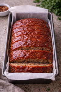 Classic meatloaf rested and sliced in the pan with a rich glazed top