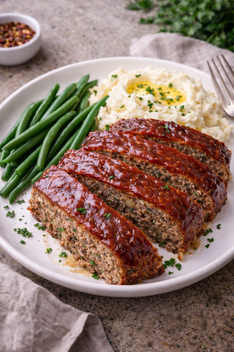 Sliced classic meatloaf served on a plate with mashed potatoes and green beans