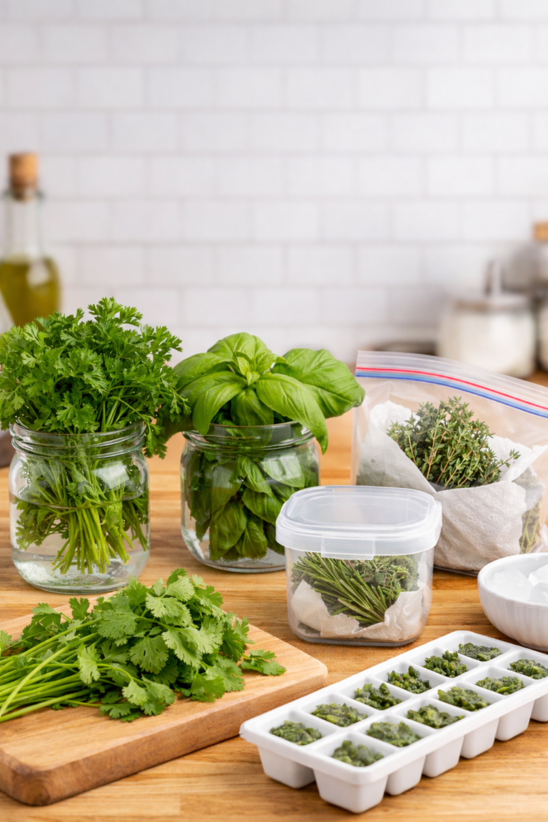 Fresh herbs stored using different methods, including basil and parsley in jars, rosemary in a container, thyme in a bag, and chopped herbs frozen in an ice cube tray.