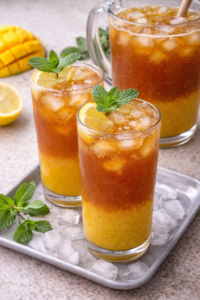 Mango iced tea served in glasses with lemon slices, fresh mint, and ice