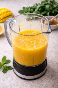 Diced mango blended with honey, lemon juice, and water for mango iced tea