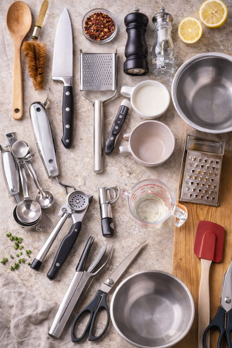 Essential kitchen tools arranged on a countertop, including knives, measuring cups, mixing bowls, a grater, and cooking utensils.