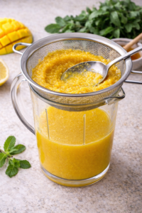 Mango puree strained through a fine mesh sieve into a pitcher for a smoother drink