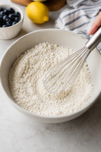 Flour, baking powder, baking soda, and salt whisked together in a mixing bowl