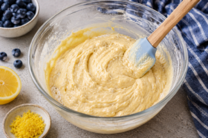 Blueberry lemon muffin batter gently folded with a spatula in a mixing bowl