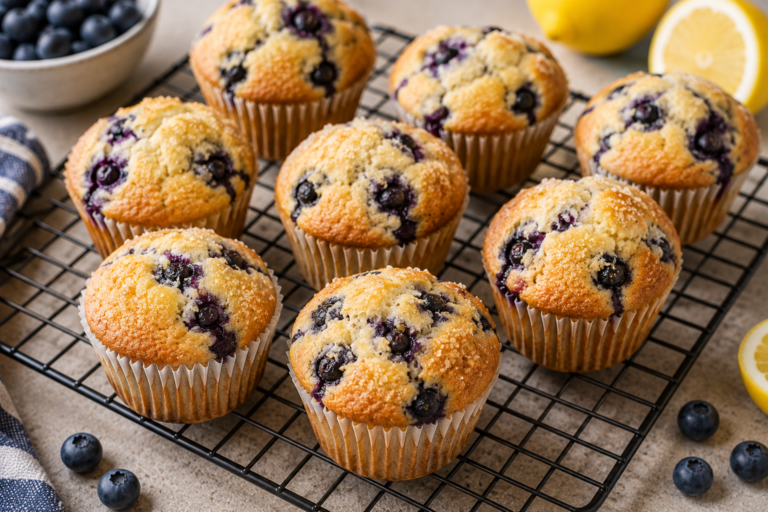 Freshly baked blueberry lemon muffins cooling on a wire rack with lemon and blueberries