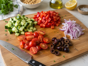 Cucumber, red bell pepper, cherry tomatoes, olives, and red onion chopped for Mediterranean chickpea salad