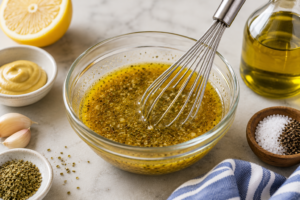 Olive oil, lemon juice, garlic, oregano, Dijon mustard, salt, and black pepper whisked into a Mediterranean salad dressing