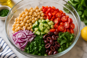 Chickpeas, cucumber, tomatoes, bell pepper, red onion, olives, parsley, and mint arranged in a large bowl for Mediterranean chickpea salad