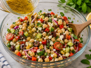 Mediterranean chickpea salad tossed with lemon dressing and crumbled feta in a large bowl