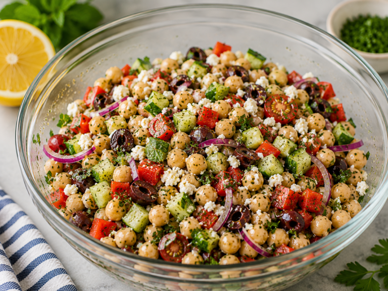 Mediterranean chickpea salad served with cucumber, tomatoes, olives, feta, red onion, and fresh herbs